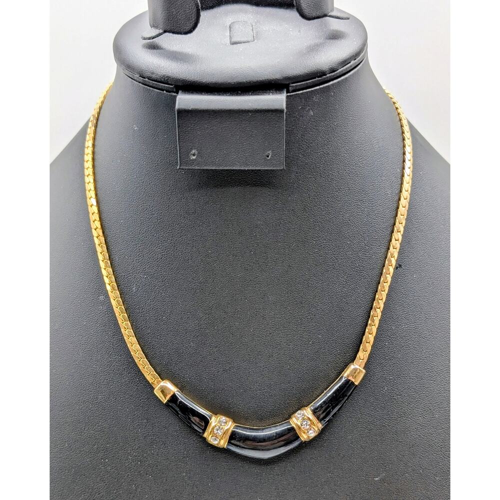 Vintage 1990s Black Enamel Clear Rhinestone Boomerang Gold Tone Classic Necklace